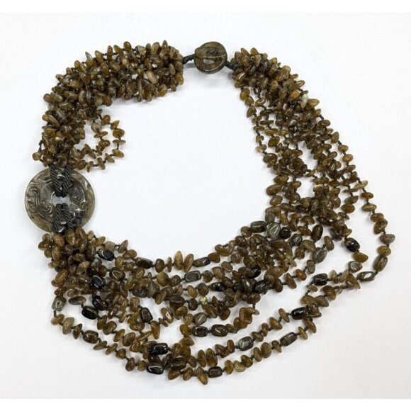 Sajen Brown Labradorite Carved Pendant Beaded Multi Strand Statement Necklace